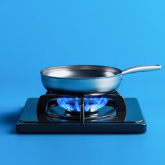 A stainless steel frying pan sits atop a gas stove, with a blue flame burning underneath, perfect for themes of cooking, kitchen equipment, or gas appliances,