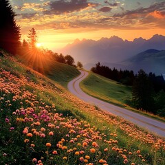 Wall Mural - Stunning flowers, sunset mountains, and picturesque road picture
