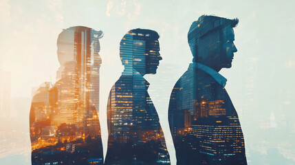 Canvas Print - Three businessmen silhouettes stand against a modern cityscape backdrop with a double exposure effect, showcasing a mix of architecture illuminated by the evening sky