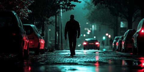 Silhouette of man walking in rainy city at night.