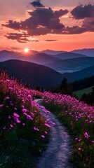 Wall Mural - Beautiful flowers and sunset mountains along the road image
