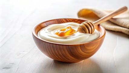 Poster - Turkish yogurt with honey in a bowl with wooden honey dipper on white background, Turkish, yogurt, honey, bowl, wooden