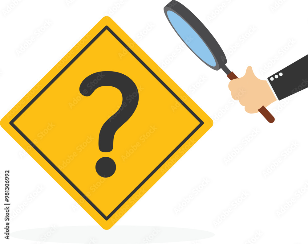 Businessman using magnifying glass to analyze question mark sign ...