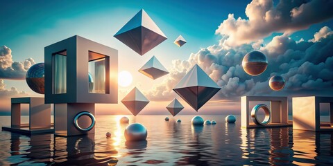 Fototapete - Abstract geometric shapes floating in a surreal environment, , abstract, render, digital, art, futuristic, design
