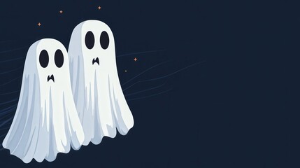 Halloween Two white ghosts standing next to each other on a dark blue background