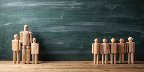 Aufkleber - Wooden human figures standing on a chalkboard background , creativity, concept, abstract, symbolic, artistic, innovation