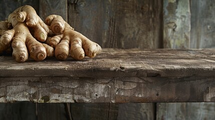 Wall Mural - Ginger Roots on a Wooden Shelf