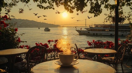 Poster - the sun is setting in the evening, an antique looking cafe by the sea, the sunset is visible from afar, the Bosphorus is visible and the Bosphorus Bridge, 