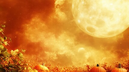 Wall Mural - Halloween A bright orange sky with a full moon and two pumpkins in the foreground