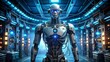 © Four888 - A sleek, metallic robot with glowing blue eyes and mechanical limbs stands upright, surrounded by wires and circuit boards in a futuristic laboratory setting.