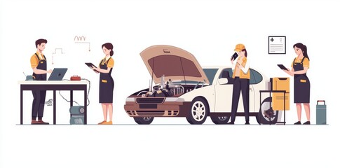 composition set with a mechanic fixing a car drawn in flat style