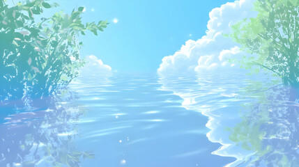 Poster - Peaceful Water Reflections with Lush Greenery and Clouds