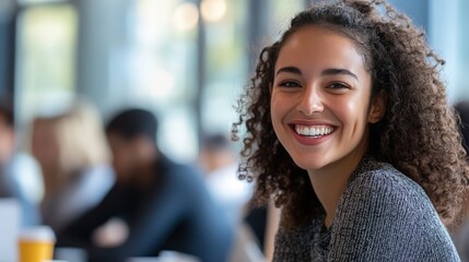 Canvas Print - A woman with curly hair is smiling