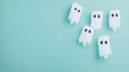 Halloween A blue background with five white ghosts hanging from a string