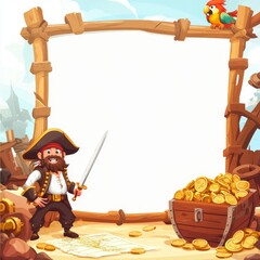 With a coin chest background, a flat pirate frame is hand drawn