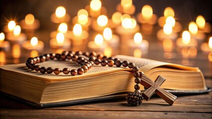 cross rosary laying on bible book with candle lights, against bokeh lights background, catholic, rel