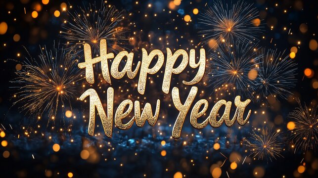 Happy New Year message written in elegant, cursive gold script, with colorful fireworks bursting in the background