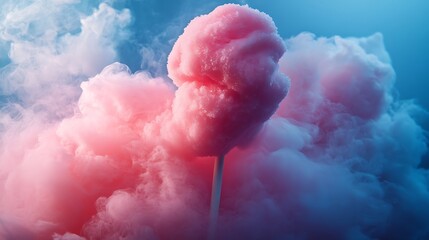 Pink cotton candy on a stick against a blue and pink cloud background.