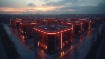 Poster - the future of logistics with drones managing deliveries at dusk in a modern urban landscape