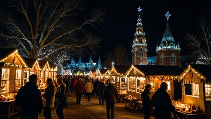 Poster - Cozy Christmas bazaar with vendors selling gingerbread cookies, hot mulled wine, and crafts under fairy lights.