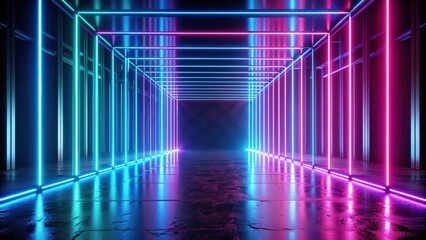 Aufkleber - Futuristic render of glowing neon lines with floor reflection in dark environment, futuristic, abstract, dynamic, neon