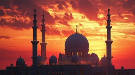 A grand mosque with an ornate dome and minarets, standing against a sunset sky