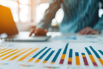 Close-up of colorful charts and graphs on a desk as a business professional works on a laptop, analyzing data in a bright office environment.