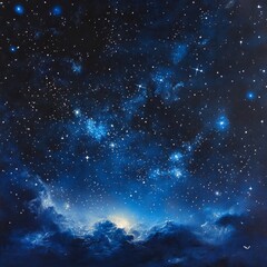 Poster - A starry night sky with clouds and a bright light in the distance.