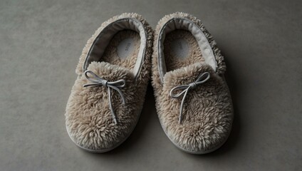 Cozy fluffy slippers on a soft gray background.