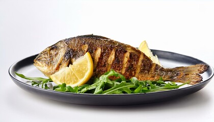 Wall Mural - Grilled fish with rocket and lemon white backgraund 