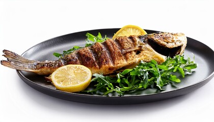 Wall Mural - Grilled fish with rocket and lemon white backgraund 