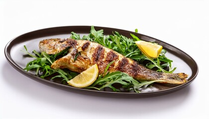 Wall Mural - Grilled fish with rocket and lemon white backgraund 