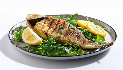 Wall Mural - Grilled fish with rocket and lemon white backgraund 