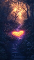 Canvas Print - A stone path leading through a dark forest towards a glowing heart in the distance, surrounded by tall trees and foliage.