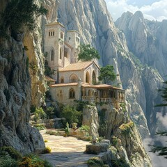 Poster - A stone pathway leads up to a charming, white stone building nestled into a steep mountainside.