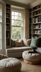 Poster - Cozy reading nook with built-in bookshelves.