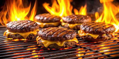 Flame-grilled meat burgers on a grill , flame grilled, burgers, meat, barbecue, food, grilling, cookout, delicious, savory