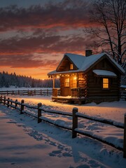 Sticker - Cozy winter cabin with a fence at sunset.