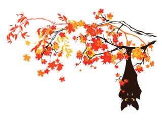 vampire bat hanging at autumn tree branches with bright foliage - haunted halloween forest vector cartoon style design