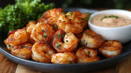 Close-up of a plate of fried shrimp with a side of dipping sauce, garnished with parsley.