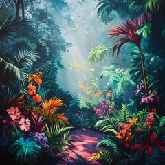 Wall Mural - A sunbeam illuminates a lush jungle path, revealing a vibrant array of tropical plants and flowers.