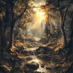 Canvas Print - A sunbeam pierces through a dense forest canopy, illuminating a cascading stream flowing over mossy rocks.