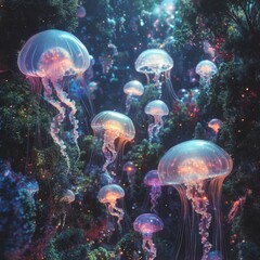 Canvas Print - A surreal underwater scene with glowing jellyfish in a forest of colorful coral.