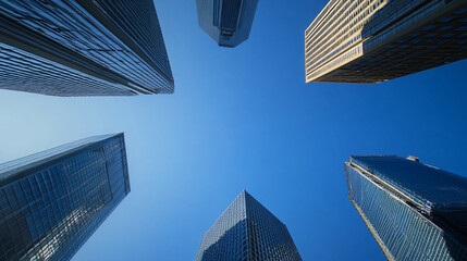 Poster - Contemporary glass and steel skyscrapers reaching for the clear blue sky on a sunny day