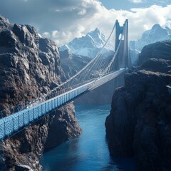 A suspension bridge spans a deep canyon, connecting two mountain peaks, with a river running beneath it.