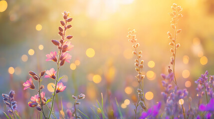 Wall Mural - Summer Nature Background with Wildflowers and Bokeh Lights for Greeting Card