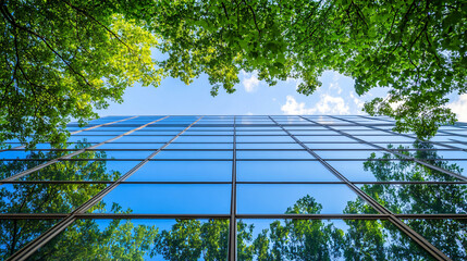 Canvas Print - Sunlit modern glass building facade with green tree reflections and a clear blue sky