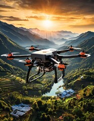 A drone soars over a lush, scenic valley during sunrise, capturing the beauty of nature from above. The vibrant colors of the sky, the towering mountains, and the mist-filled landscape create a