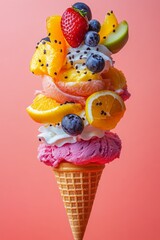 Sticker - A tall ice cream cone with a variety of fruits on top. The ice cream is pink, white, and yellow.