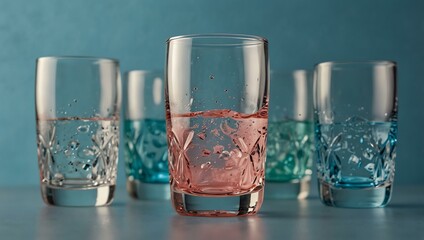 Sticker - Crystal-clear water glasses on a pastel blue background.